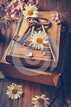 Key to knowledge concept. Old keys on a vintage book with flowers on wooden background