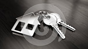 Key to a new home concept - House keys with trinket house on wooden background