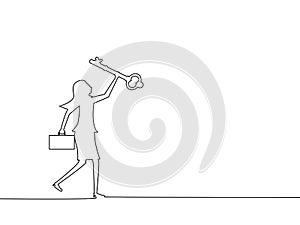 The key to success. Business woman holding keys. continuous line drawing of business concept