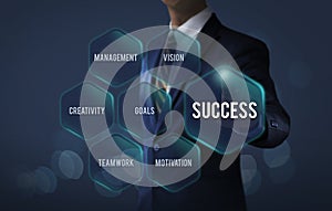 Key to success concept for business and finance. Businessman is pointing on the hexagon message bubble which the word â€˜success