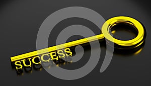 Key to success concept. shiny golden key to success isolated on black color with reflection, 3D rendering.