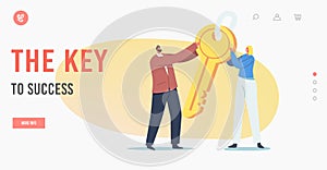 Key to Success Landing Page Template. Tiny Characters Holding Huge Golden Key. Business Motivation, Task Solution