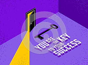 The key to success vector conceptual illustration with half open door giving light to dark place and key, new opportunities,