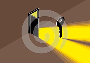 The key to success vector conceptual illustration with half open door giving light to dark place and key, new opportunities,