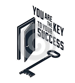 The key to success vector conceptual illustration with half open door and key, new opportunities.