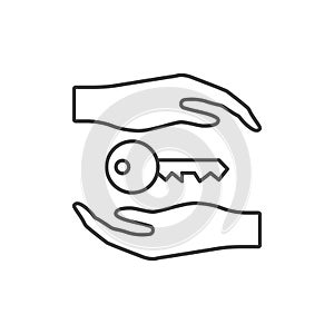 Key transfer icon. A simple linear image of two hands and a key between them. Isolated vector on a white background.