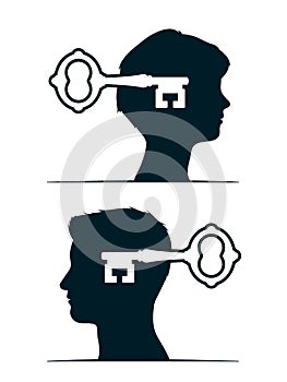 Key unlocking human head - concept of open mind