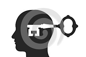 Key unlocking human head - concept of open mind