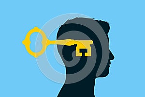 Key unlocking male head - concept of open mind