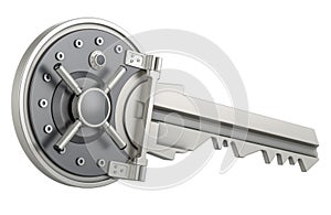 Key from vault, security and protect, concept. 3D rendering