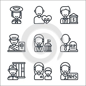 Key workers line icons. linear set. quality vector line set such as doctor, carer, guard, undertaker, politician, banker, social