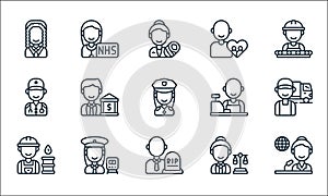 Key workers line icons. linear set. quality vector line set such as journalist, undertaker, worker, lawyer, conductor, paramedic,