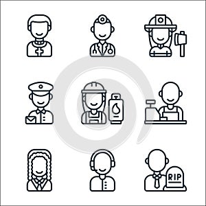 Key workers line icons. linear set. quality vector line set such as undertaker, judge, cashier, engineer, postman, firefighter,