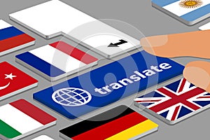 Keyboard With Blue Translate Button - Computer Or Laptop With Fingers And Country Flags - Vector Illustration