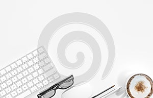 Keyboard, coffee cup, glasses, pen and pencil on white office desk table, top view, copy space, 3d rendering