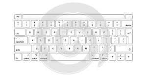 Keyboard of computer, laptop. Modern key buttons for pc. White keyboard isolated on white background. Icons of control, enter,