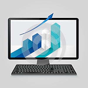 Keyboard and computer monitor with growing bar graph and arrow on screen. analysis business, finance, statistics concept