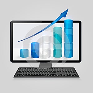 Keyboard and computer monitor with growing bar graph and arrow on screen. analysis business, finance, statistics concept