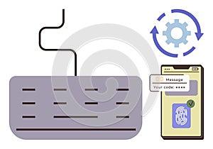 Secure login process with keyboard, smartphone, and fingerprint authentication icon