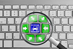 Keyboard with green and blue car insurance quote buttons and magnifying glass