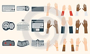 Keyboard hands vector set.