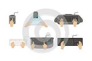 Keyboard with Human Hands Typing and Pressing Computer Buttons Vector Set