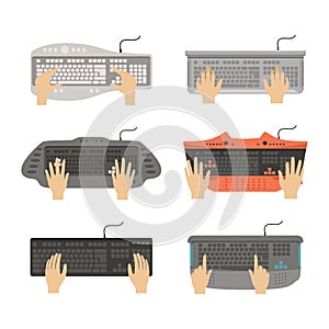 Keyboard with Human Hands Typing and Pressing Computer Buttons Vector Set