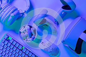 Keyboard with marshmallows and accessories on desk