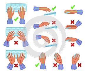 Keyboard and mouse hands posture. Correct and incorrect hand position for text typyng, wrist and arm positions for