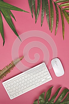 Keyboard and mouse on the pink background. Top view. Copy space