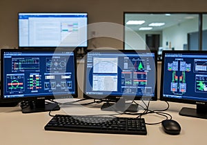 A keyboard and mouse are positioned in front of the monitors