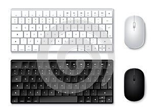 Keyboard and mouse vector set. 3D realistic keyboards and mouse in black and white colors