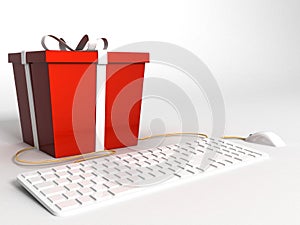 Keyboard ,mouse and wrapped red gift