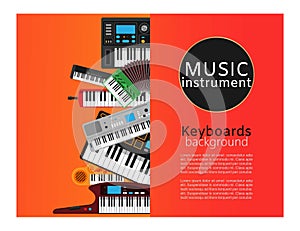 Keyboard musical instruments shop with classical piano, electronic synthetiser, studio acoustic musician equipment