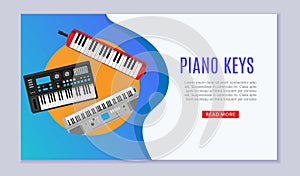 Keyboard musical instruments shop with electronic synthetiser, piano keys studio acoustic musician equipment web banner