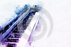 Keyboard of the piano foreground Watercolor painting background and Digital illustration brush to art. photo