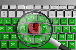 Keyboard with red phishing button surrounded with green email buttons and magnifying glass