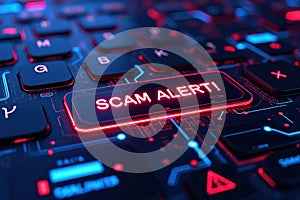 A Keyboard with a Red 'Scam Alert' Button and Blue Circuitry Against a Dark Background