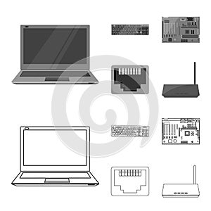 Keyboard, router, motherboard and connector. Personal computer set collection icons in outline,monochrome style vector