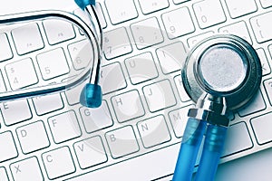 Keyboard and stethoscope and medical records, medical concept