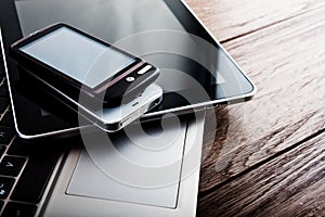 Keyboard with two phones and tablet pc