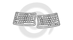 Keyboards split ergonomic pair with quirky hand-drawn outline,tilted angles and minimal detail featuring
