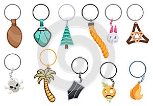 Keychain keyholder, icon set. Cartoon color different types of key ring, chain round holders or metal trinket. Modern