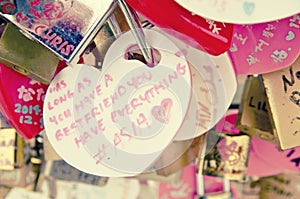 Keychain with love shape with loving caption, retro and vantage look