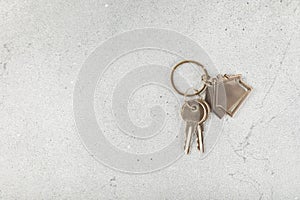 Keychain in the shape of a house with a key ring on background.