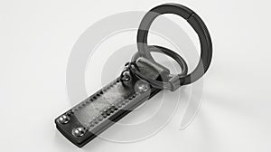 Keychain trinket on a leather band with a metal ring. Modern realistic template of a black fob for home, car, or office photo