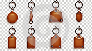Keychains made from leather. Chinese brown keyring holders with metal rings. Aromatic trinkets for home, car, office photo