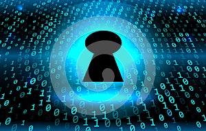 Keyhole on the background Stream of binary matrix code on the screen. numbers of the computer matrix.