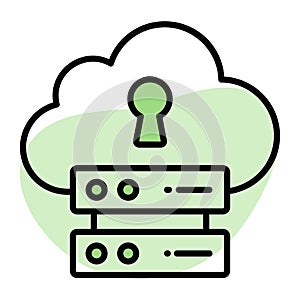 Keyhole on cloud with data server denoting vector of secure data backup