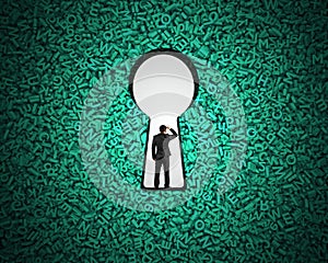 Keyhole on green big data background with businessman standing